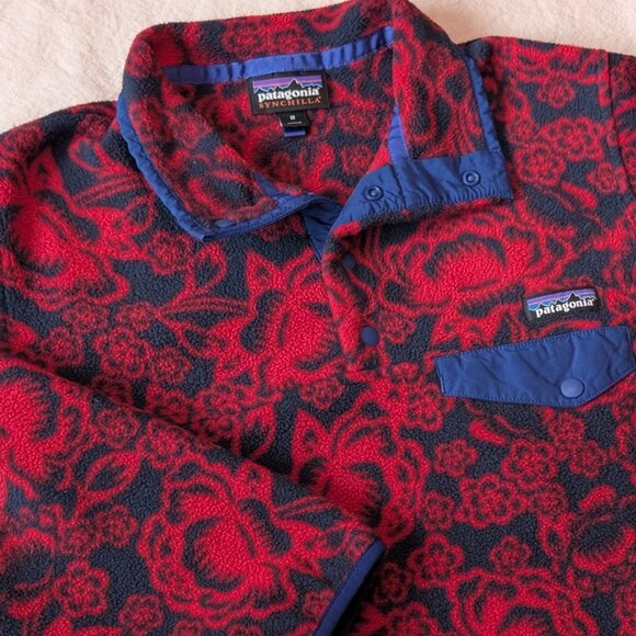 Patagonia Synchilla T Snap Fleece Jacket Red Lotus Flower Pattern Womens Medium - Picture 1 of 8